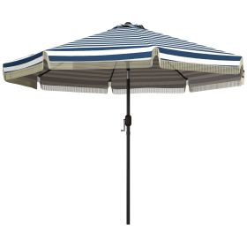 Outsunny Garden Umbrella: 9ft, Blue Stripe with Tilt Crank and Ruffled Design for Deck and Pool Shade|