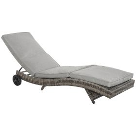 Outsunny Wicker Chaise Lonuge, Outdoor Rattan Cushioned, Sun Lounger w/ 5-Level Adjustable Backrest & 2 Wheels for Movement, Grey