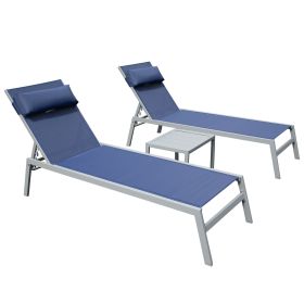 Patio Chaise Lounge Set of 3, Aluminum Pool Lounge Chairs with Side Table, Outdoor Adjustable Recliner All Weather for Poolside, Beach, Yard