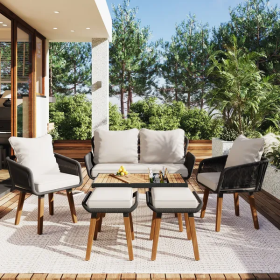 K&K 6-Piece Rope Patio Furniture Set, Outdoor Furniture with Acacia Wood Cool Bar Table with Ice Bucket (Color: as Pic)